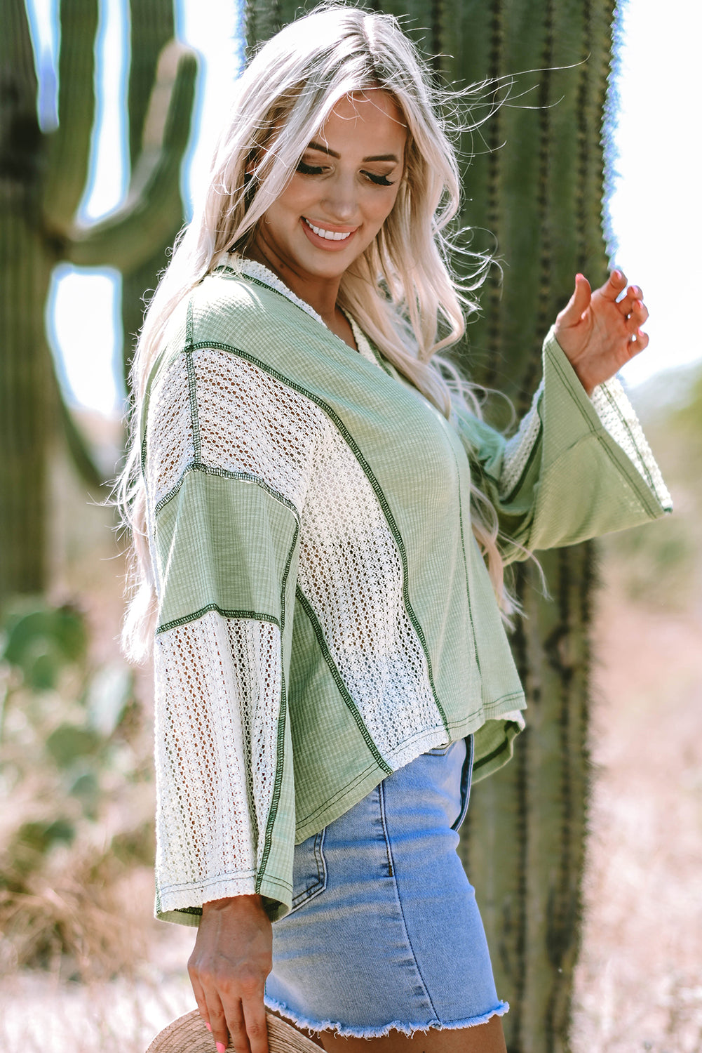 Grass Green Crochet Detail Exposed Seam High Low Loose Top