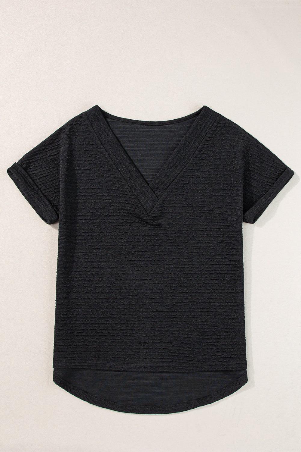 Black Textured Wide Sleeve V Neck T Shirt