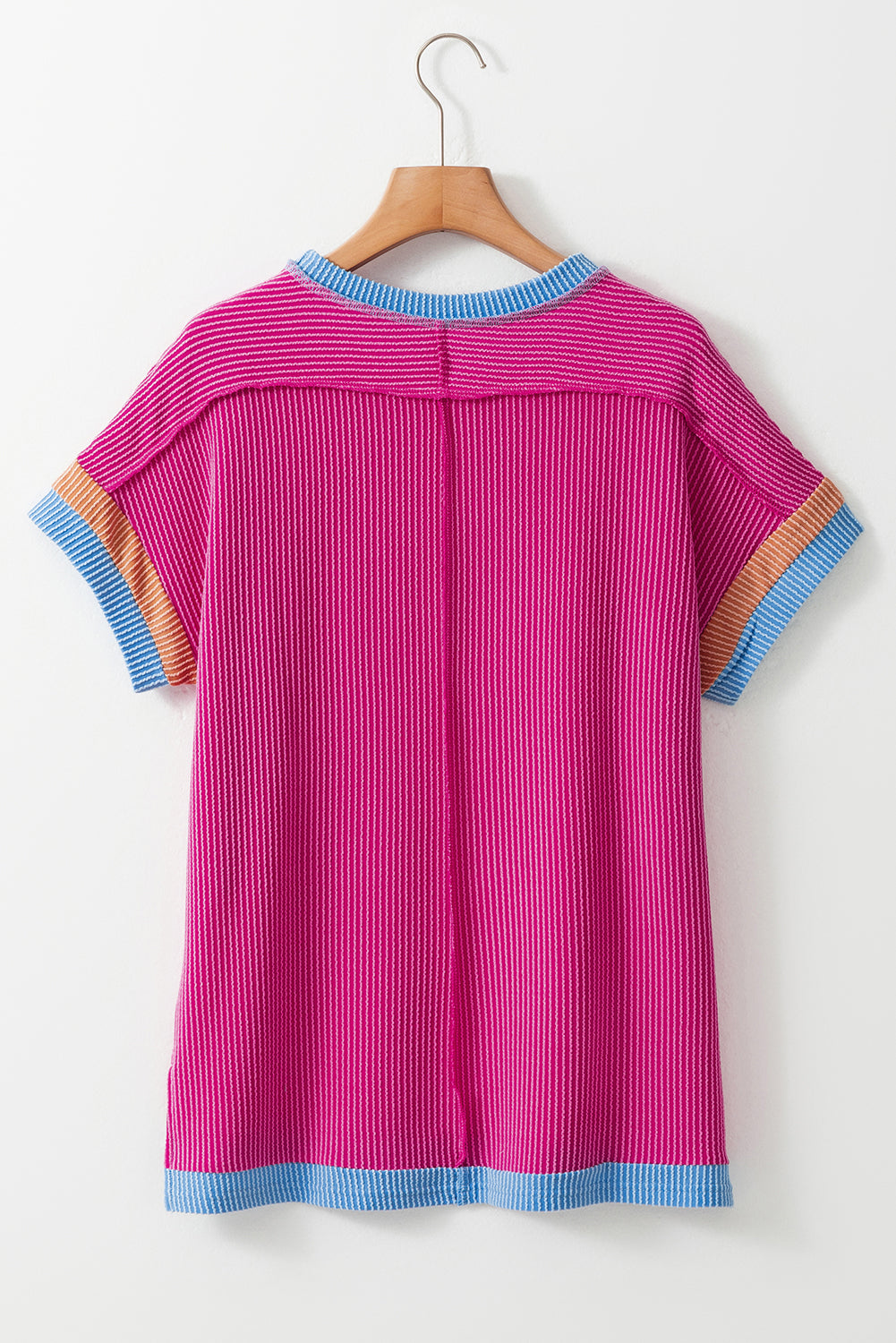 Bright Pink Textured Contrast Trim Round Neck T Shirt