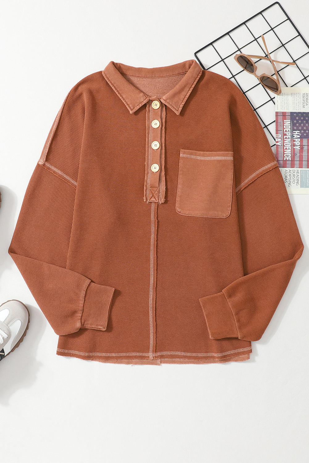 Chestnut Waffle Exposed Seam Pocket Henley Sweatshirt