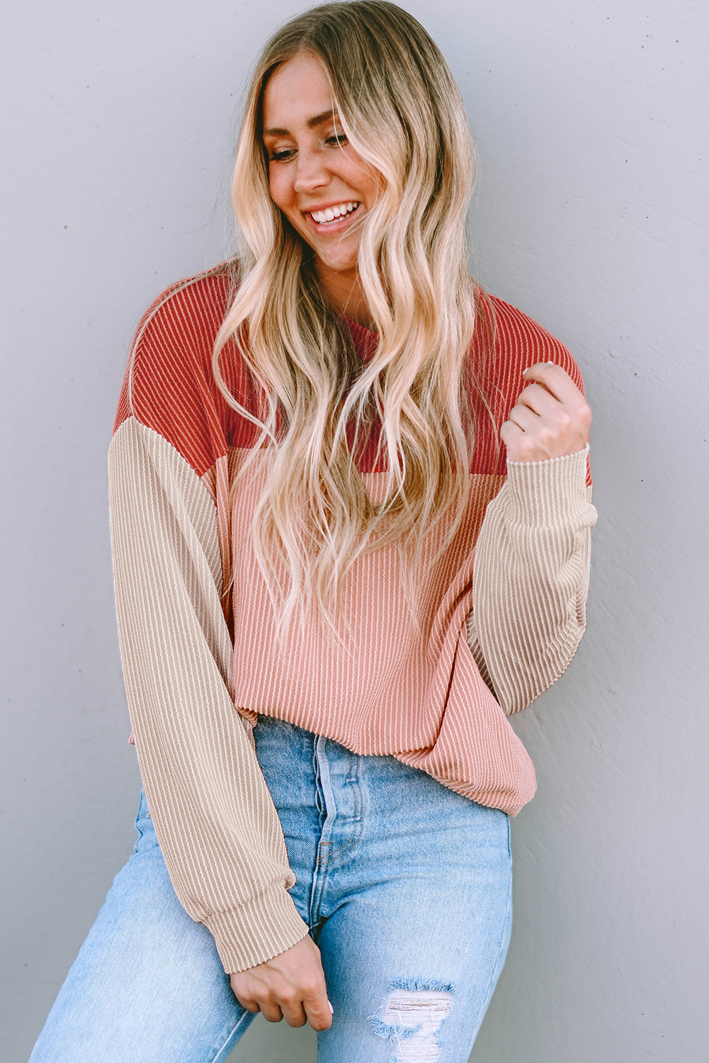 Fiery Red Color Block Long Sleeve Ribbed Loose Top