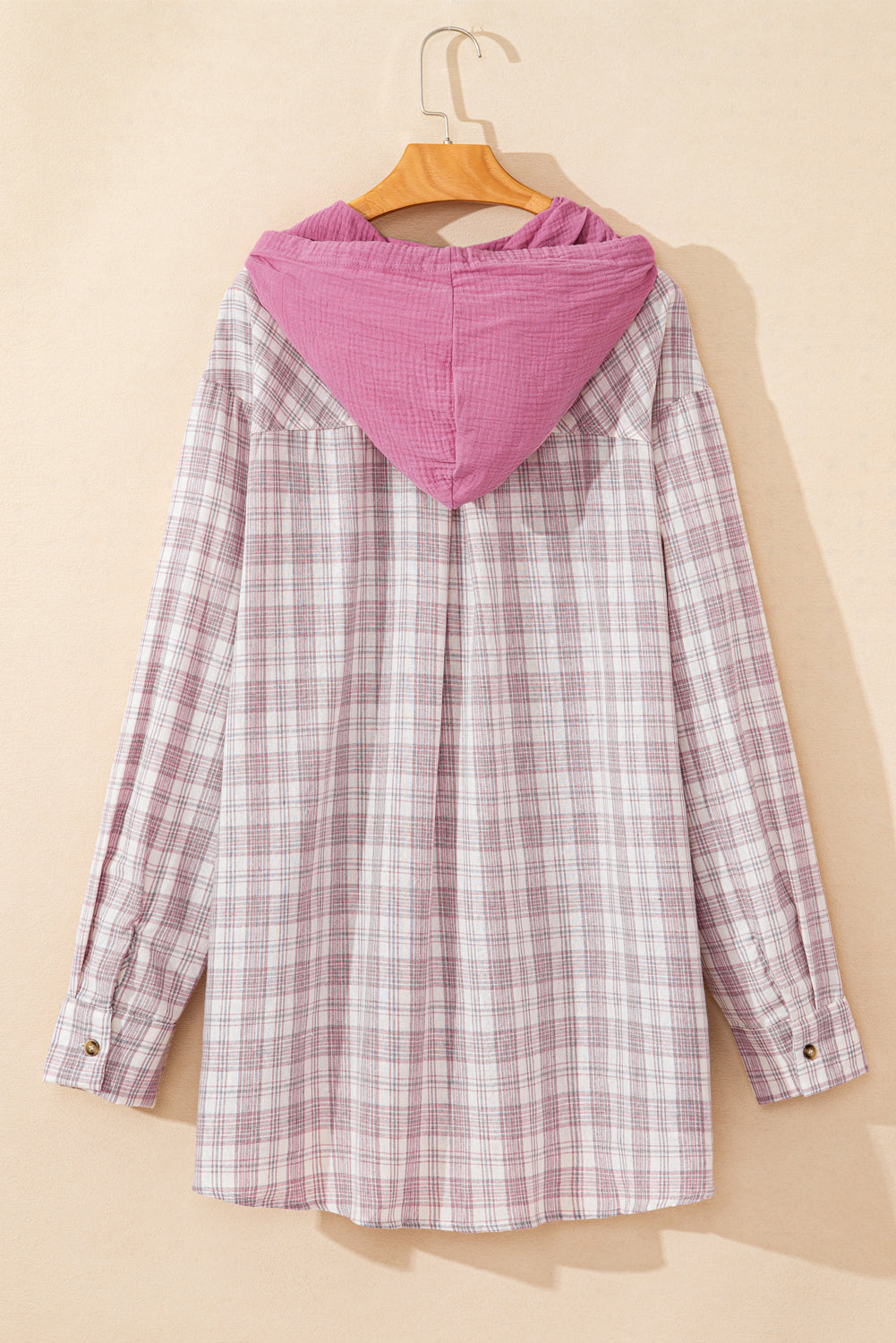 Bonbon Plaid Print Drawstring Hooded Button-up Plus Size Shirt