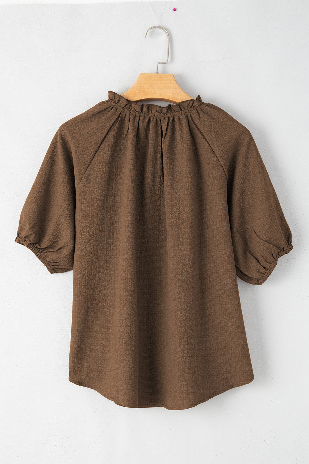 Chicory Coffee Frill Split Neck Puff Sleeve Crinkle Blouse