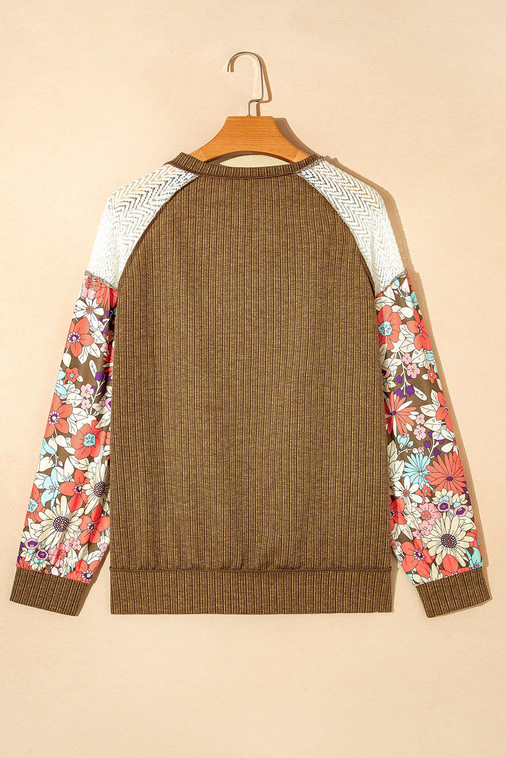 Brown Floral Patchwork Puff Sleeve Textured Blouse