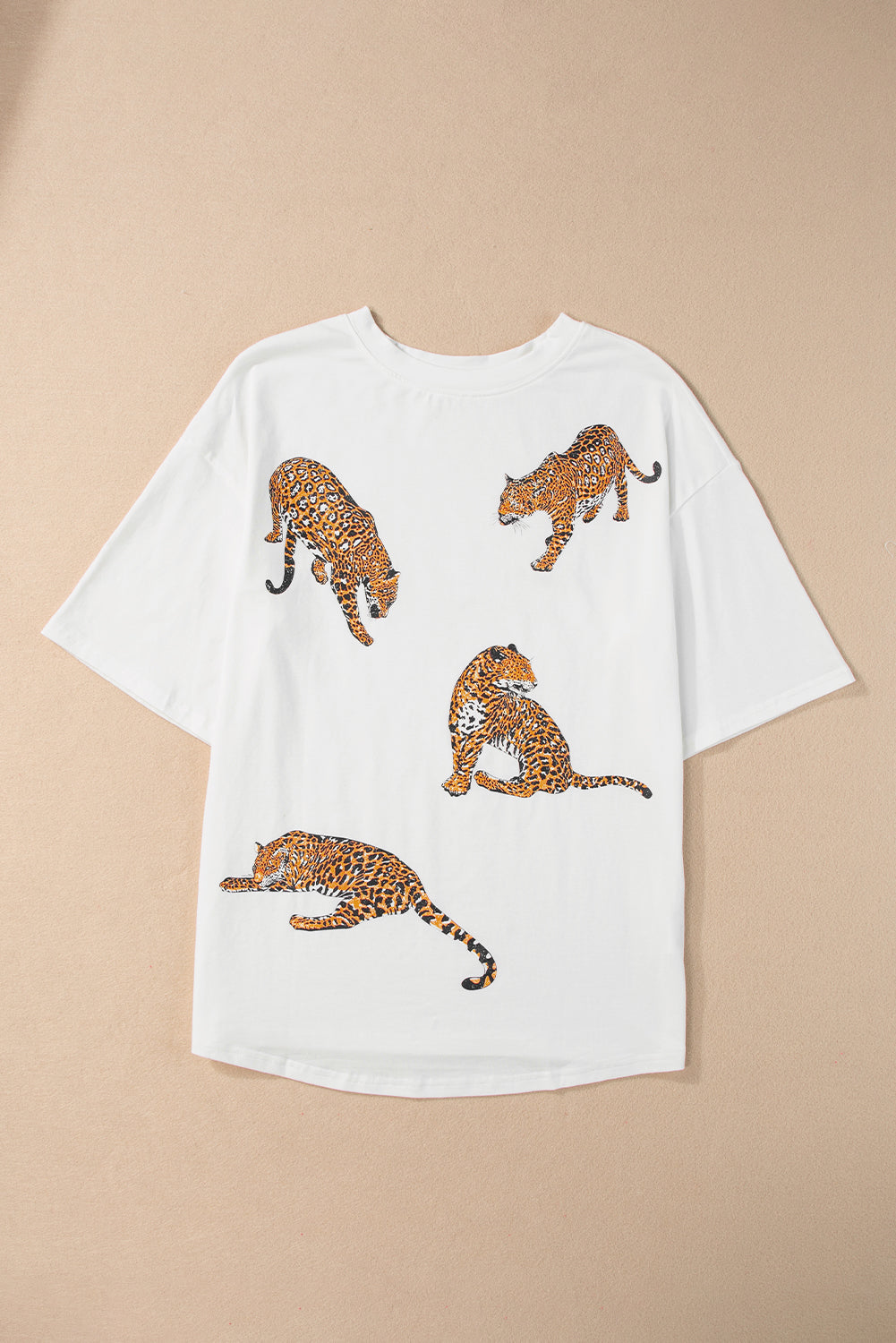 White Leopard Print Drop Shoulder Casual T Shirt