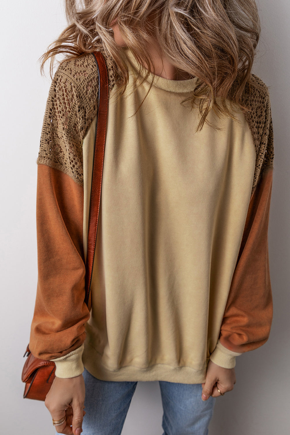 Khaki Lace Patchwork Colorblock Drop Shoulder Sweatshirt