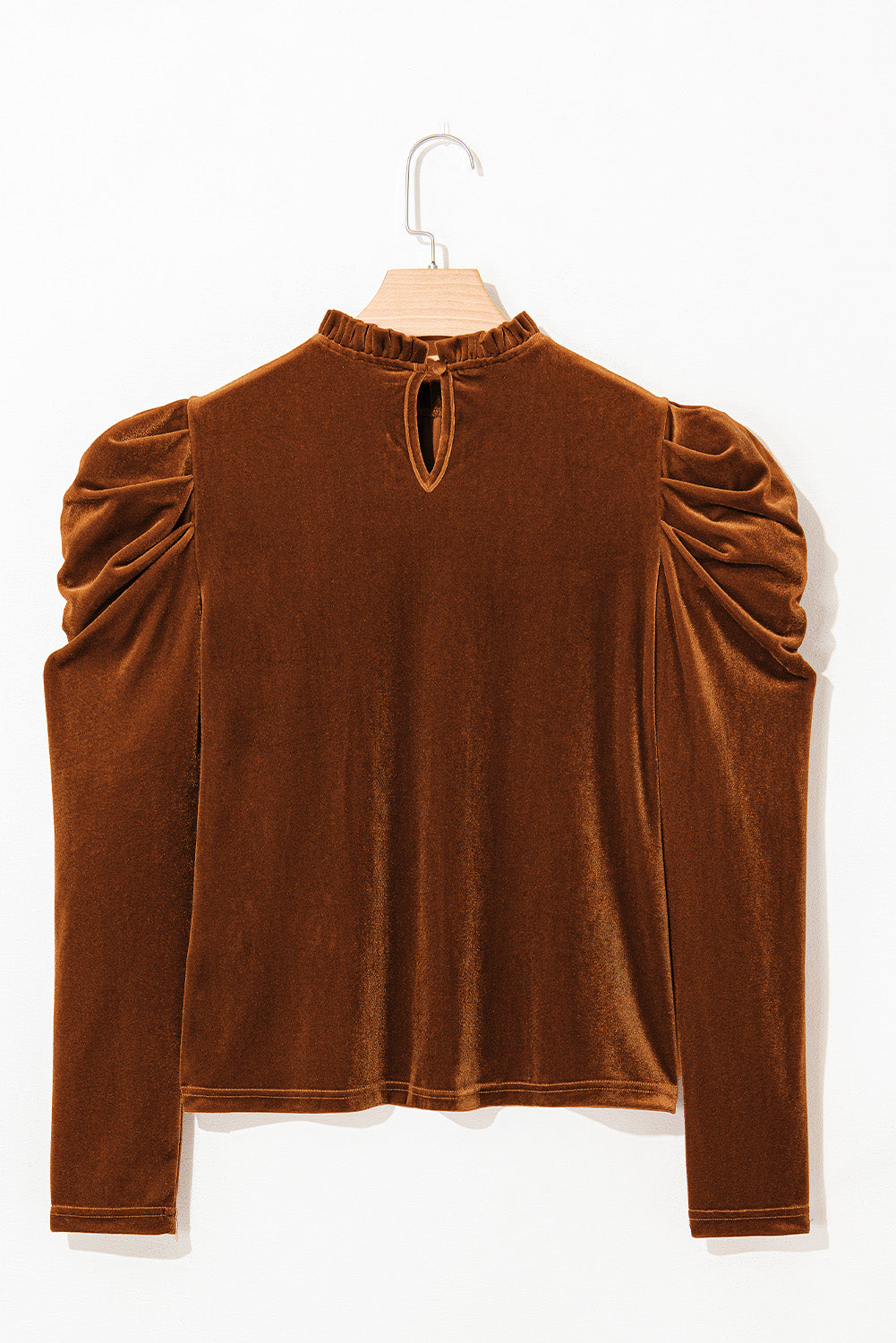 Chestnut Frilled Collar Puff Sleeve Velvet Top