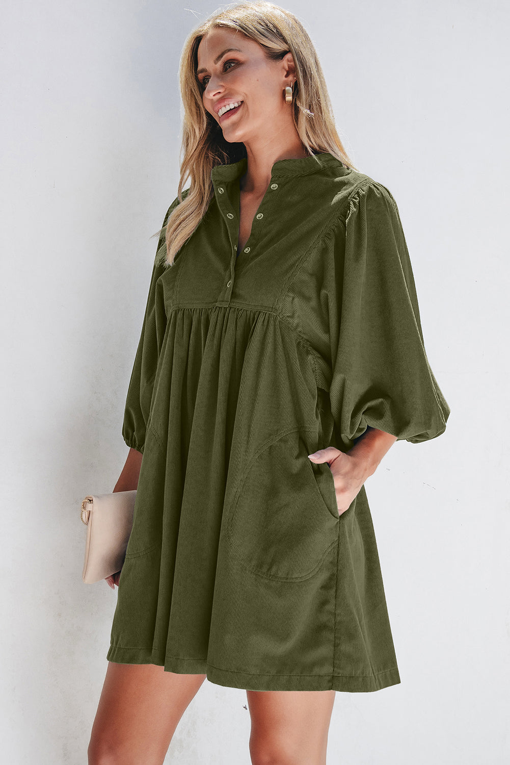 Vineyard Green Corduroy Snap Buttons Empire Waist Bracelet Sleeve Dress