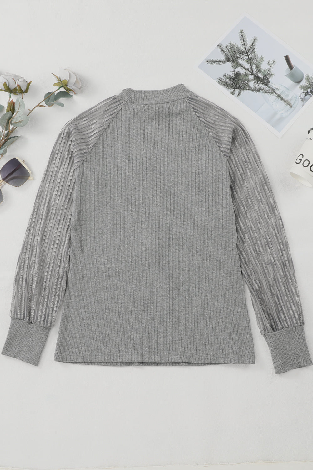 Gray Striped Mesh Long Sleeve Crewneck Ribbed Top