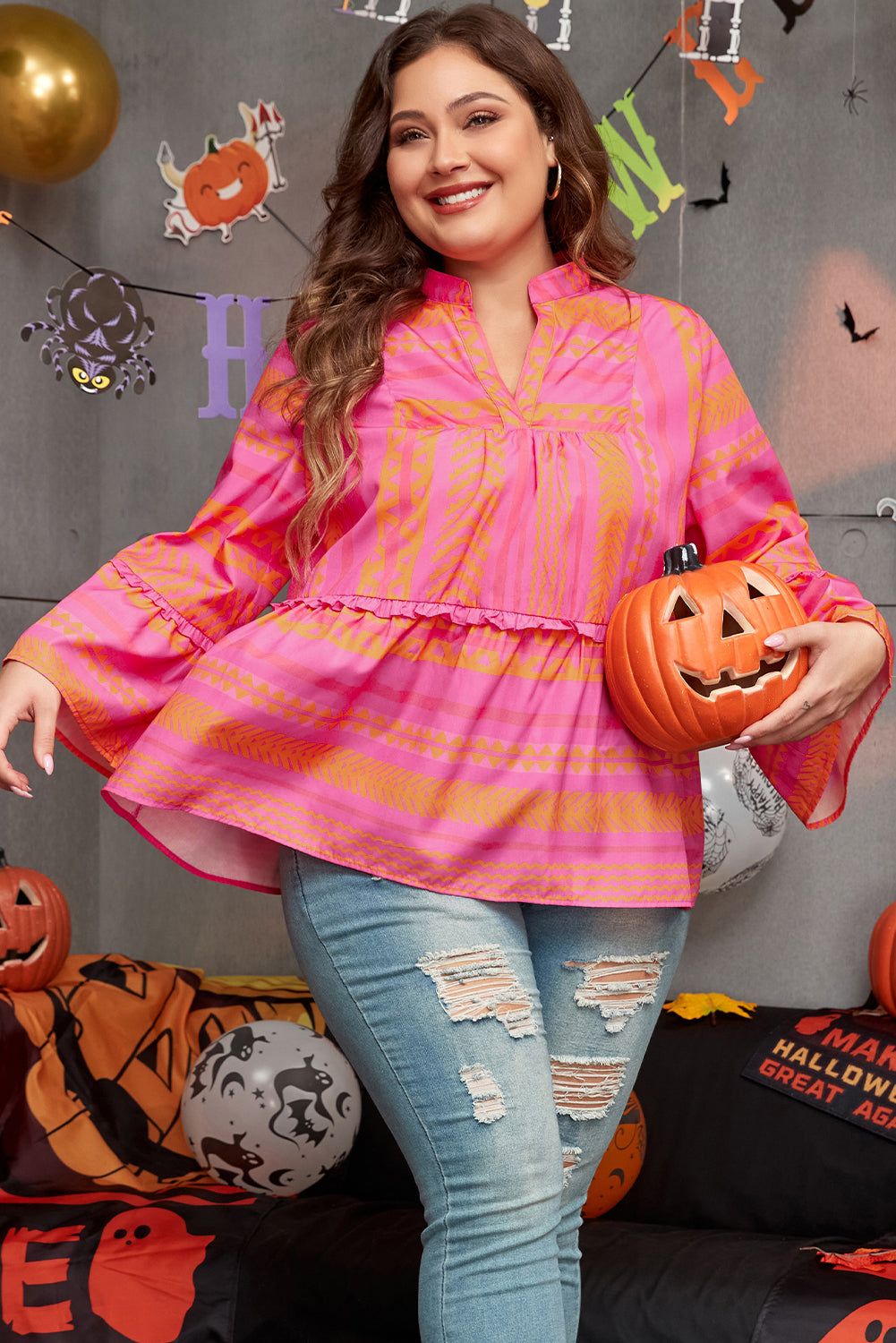 Vitality Orange Plus Size Geometric Embroidered Bell Sleeve Babydoll Blouse