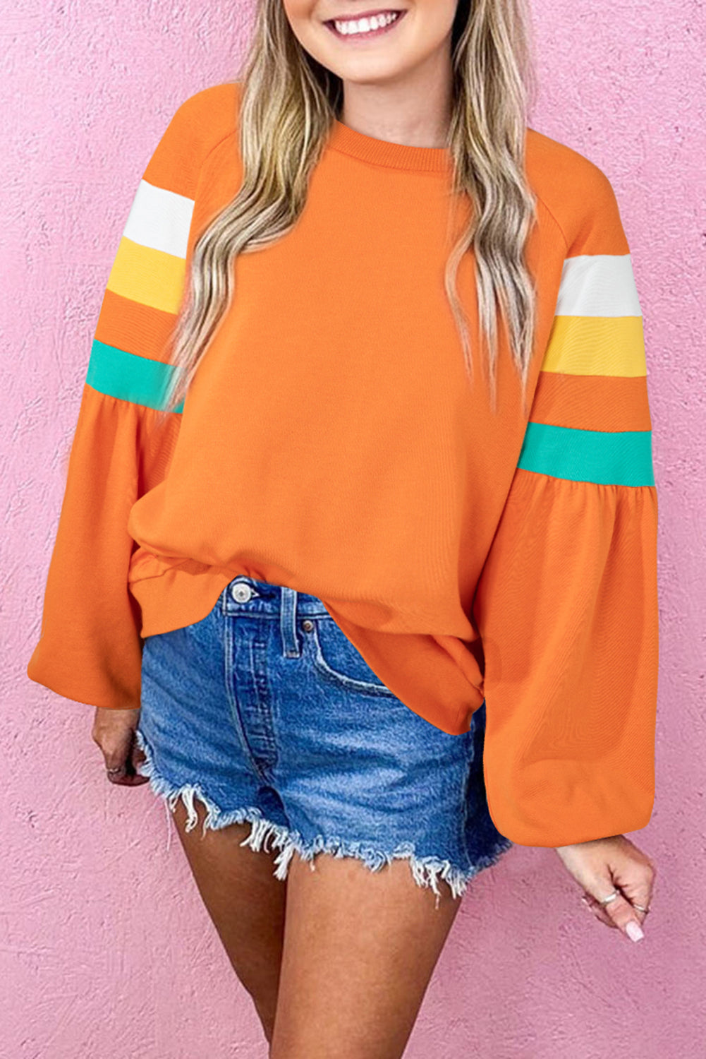 Flamingo Color Block Sleeve Exposed Seam Raglan Sweatshirt