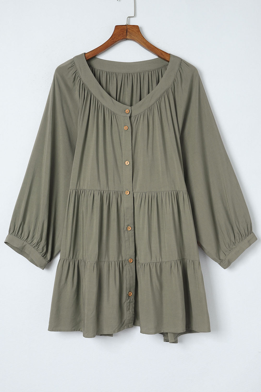 Green Plus Size Ruffle Tiered Split Neck Shirt