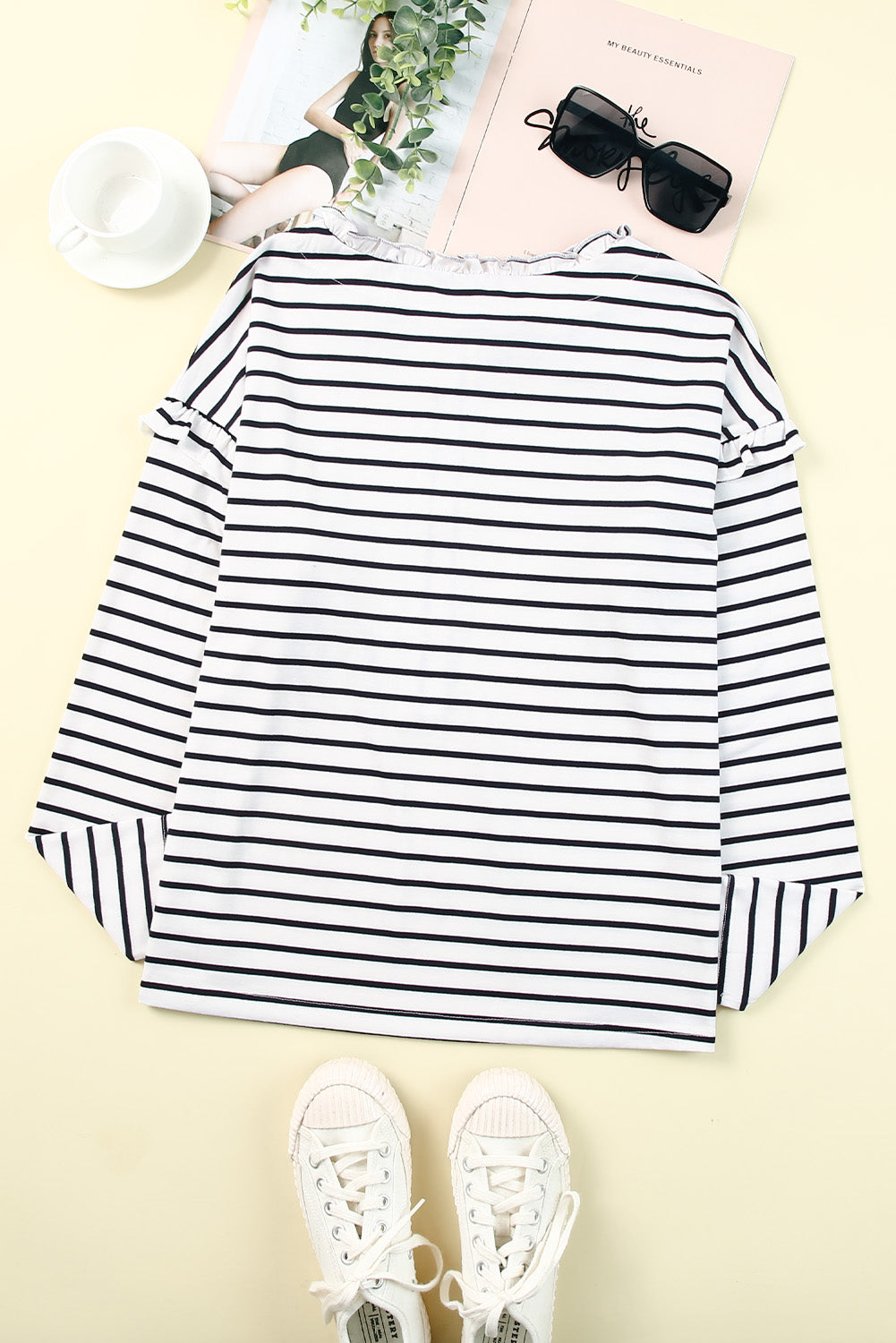 White Striped Print Ruffled Buttoned Long Sleeve Top