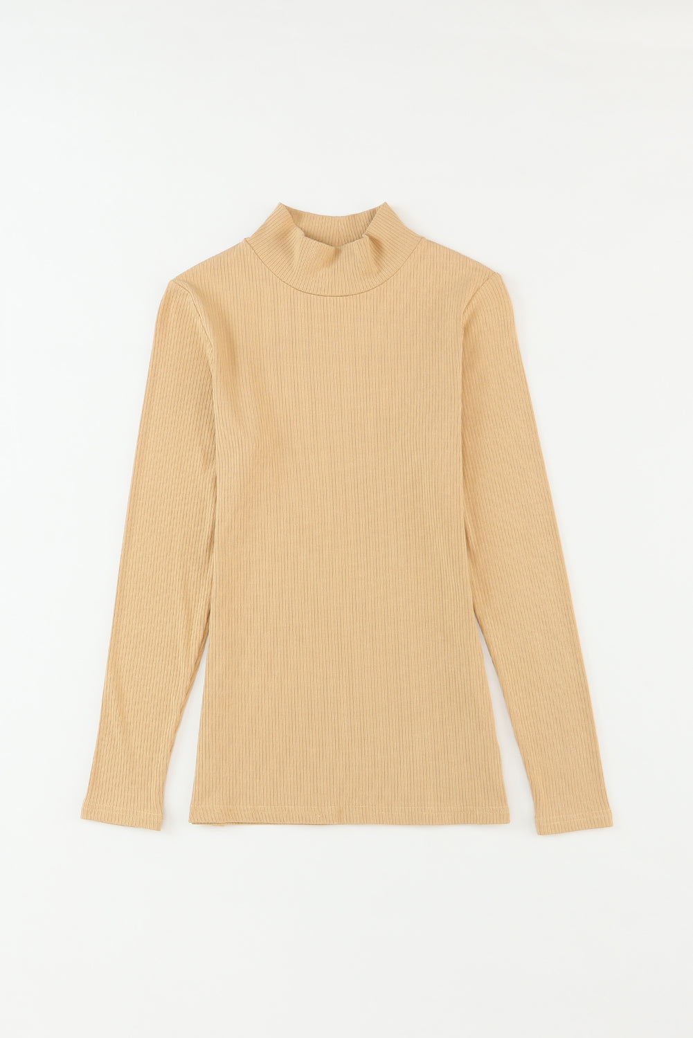 Khaki Ribbed Knit High Neck Long Sleeve Top