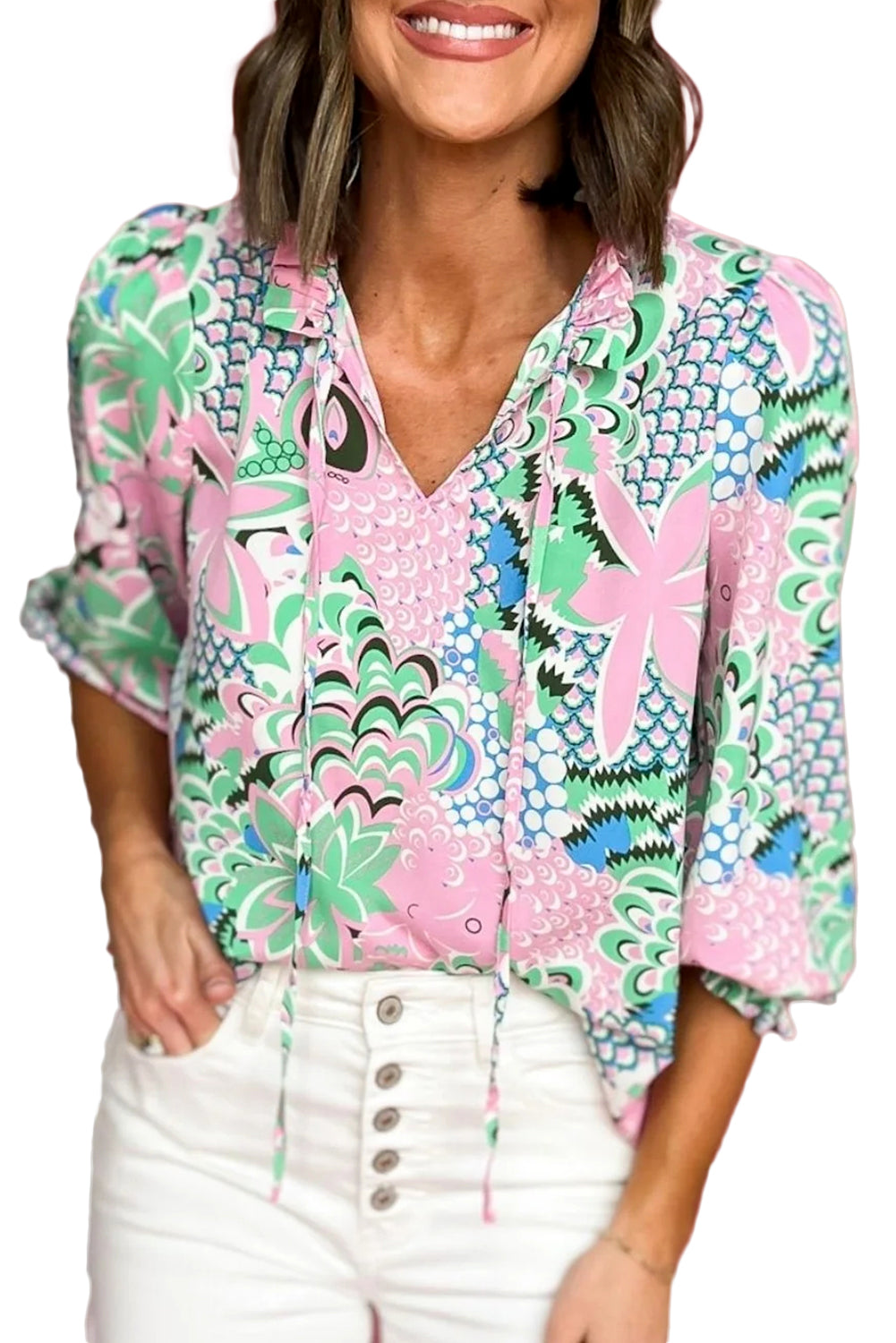 Green Floral Print V Neck Tied Loose Blouse