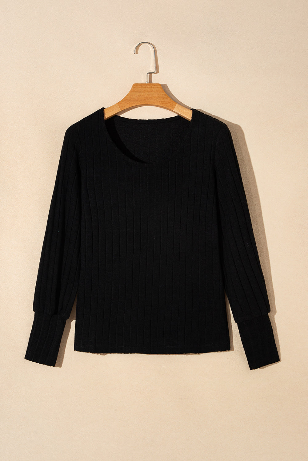 Black Ribbed Bishop Sleeve Round Neck Top