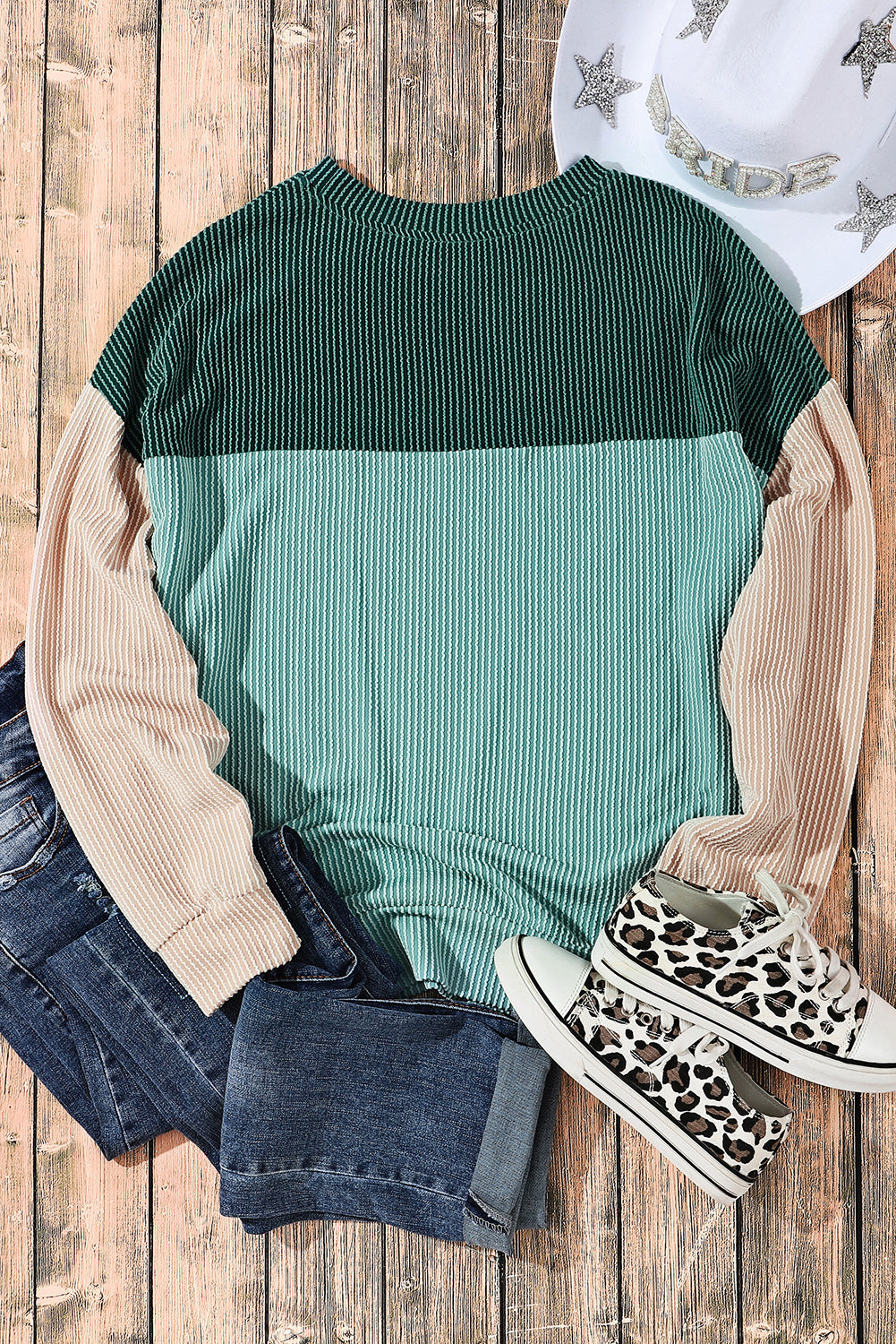 Green Color Block Long Sleeve Ribbed Loose Top