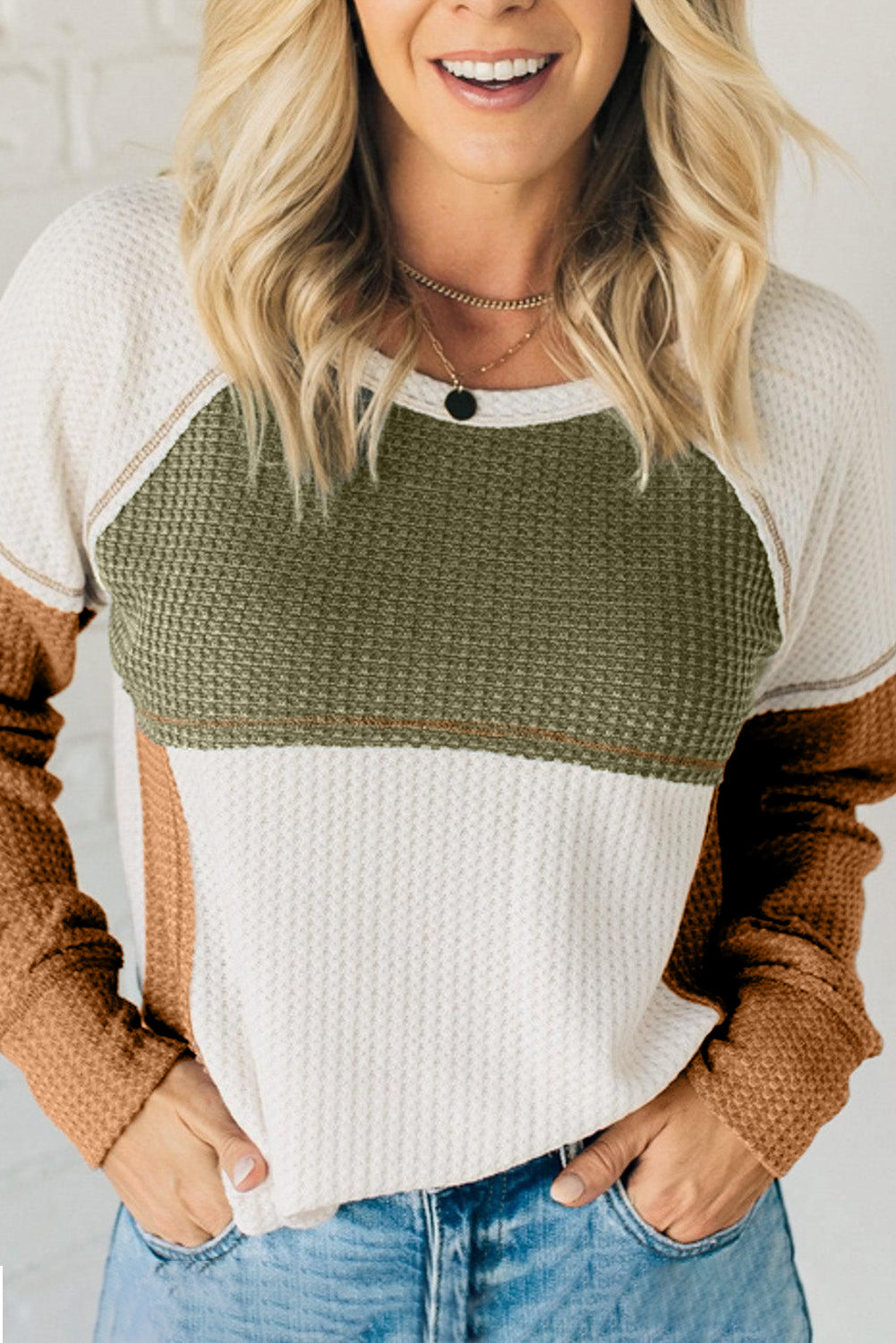 Green Color Block Exposed Seam Waffle Knit Long Sleeve Top