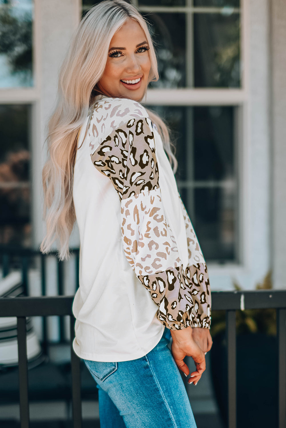 Beige Leopard Print Bubble Sleeve Top