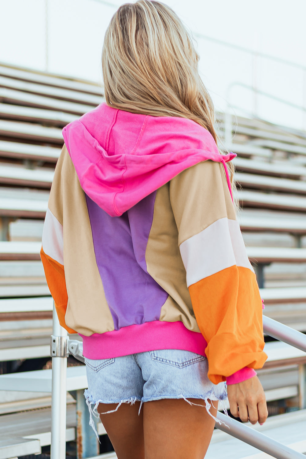 Grapefruit Orange Oversized Colorblock Patchwork Full Zipped Hoodie