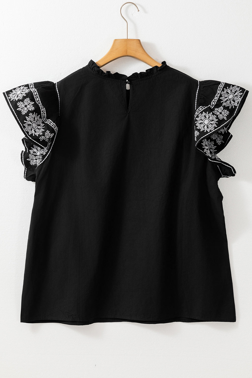 Black Embroidered Ruffled Sleeve Frilled Collar Blouse