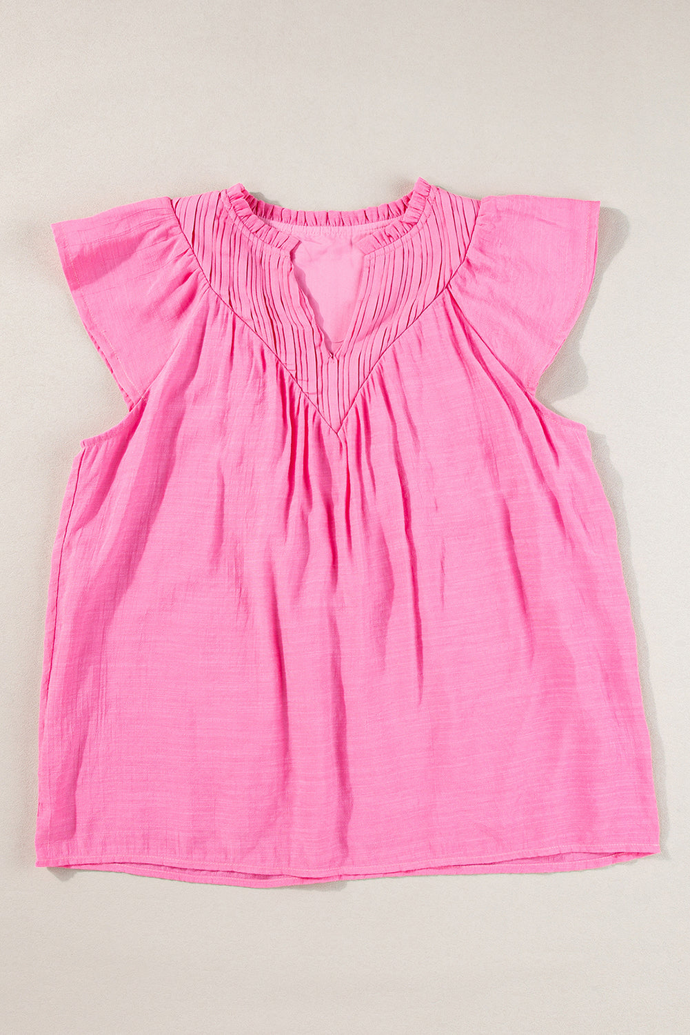 Bright Pink Textured Split Neck Patchwork Flutter Gauze Blouse