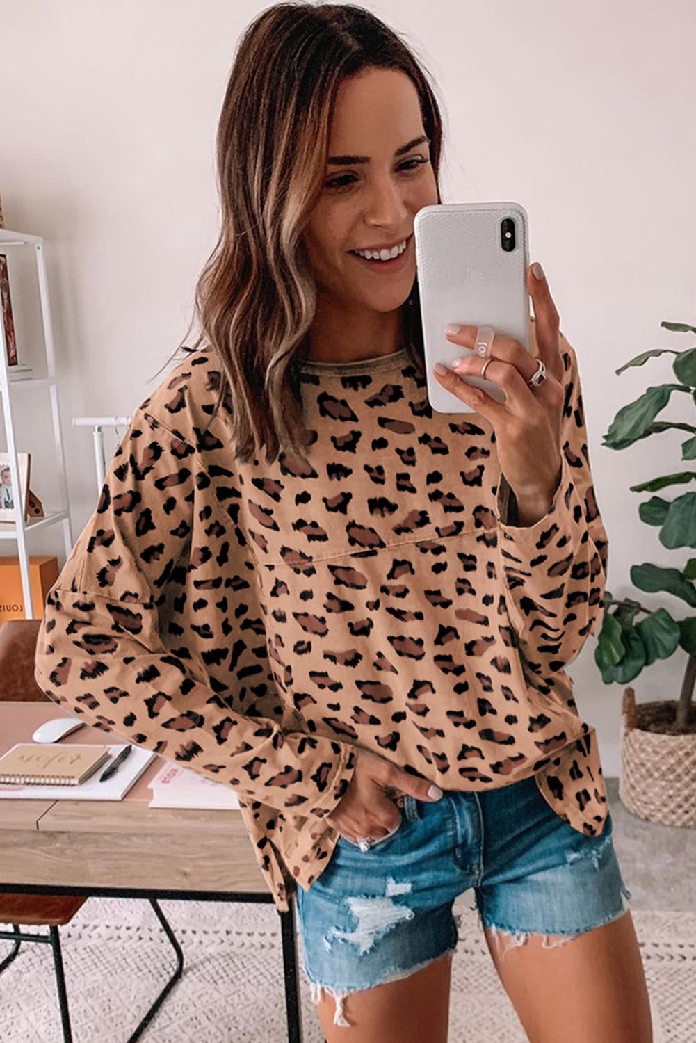 Brown Animal Print Stitching Loose Long Sleeve Top