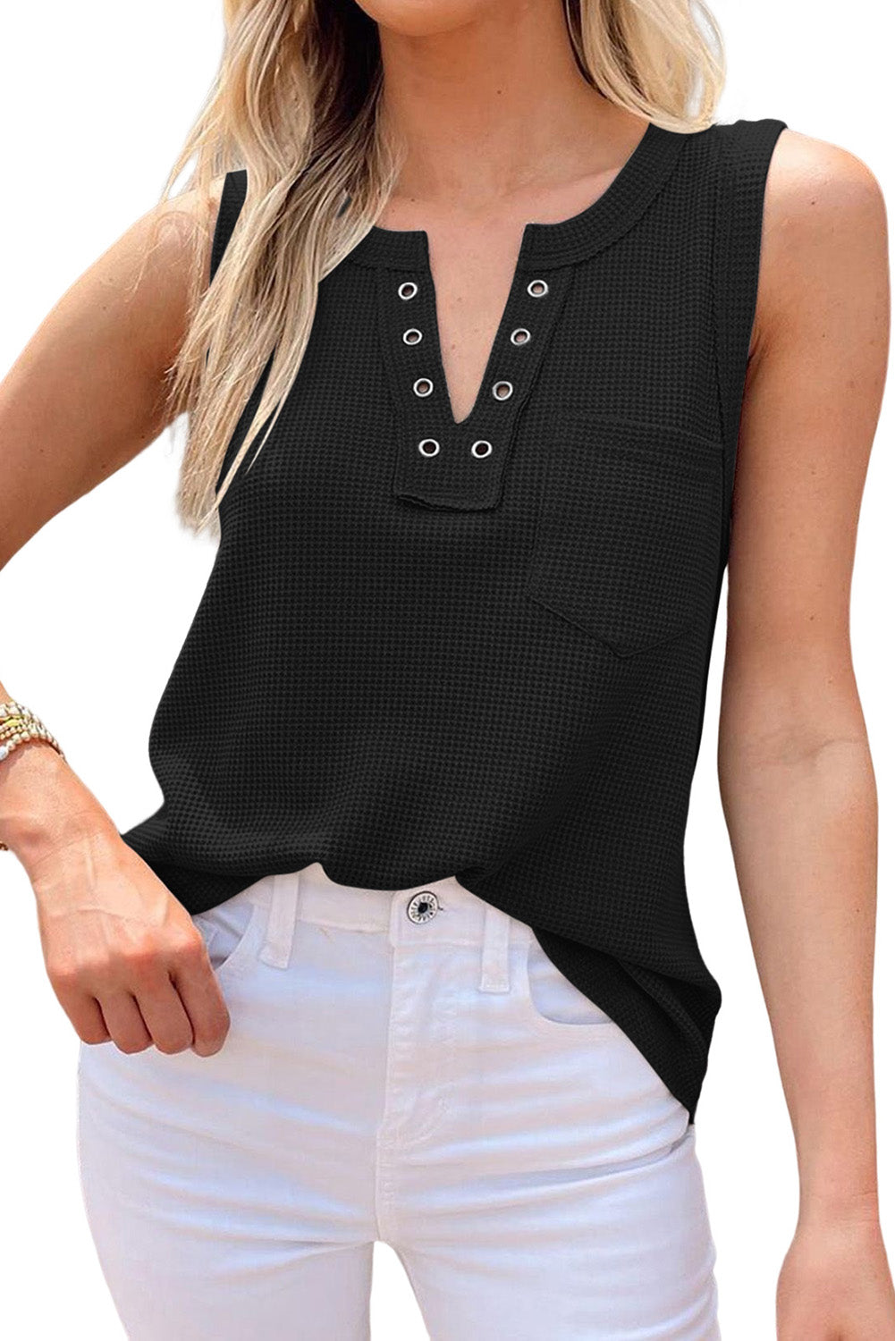 Black Notched Neck Eyelet Thermal Knit Tank