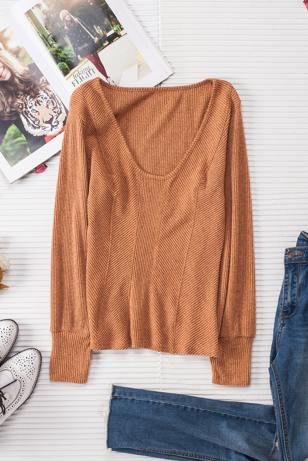 Brown U Neck Textured Long Sleeve Top