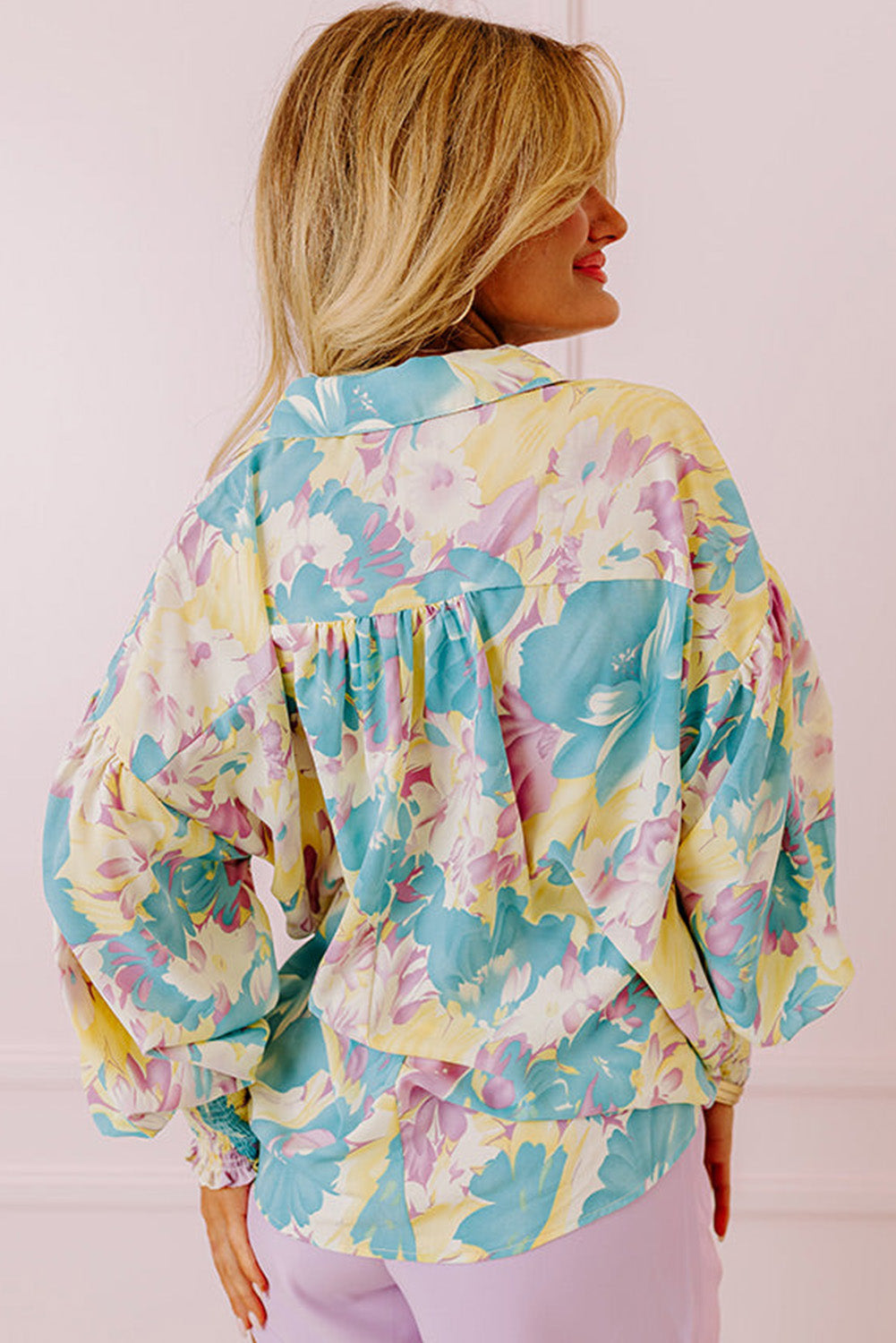 Yellow Floral Allover Print Shirred Cuff Oversized Shirt