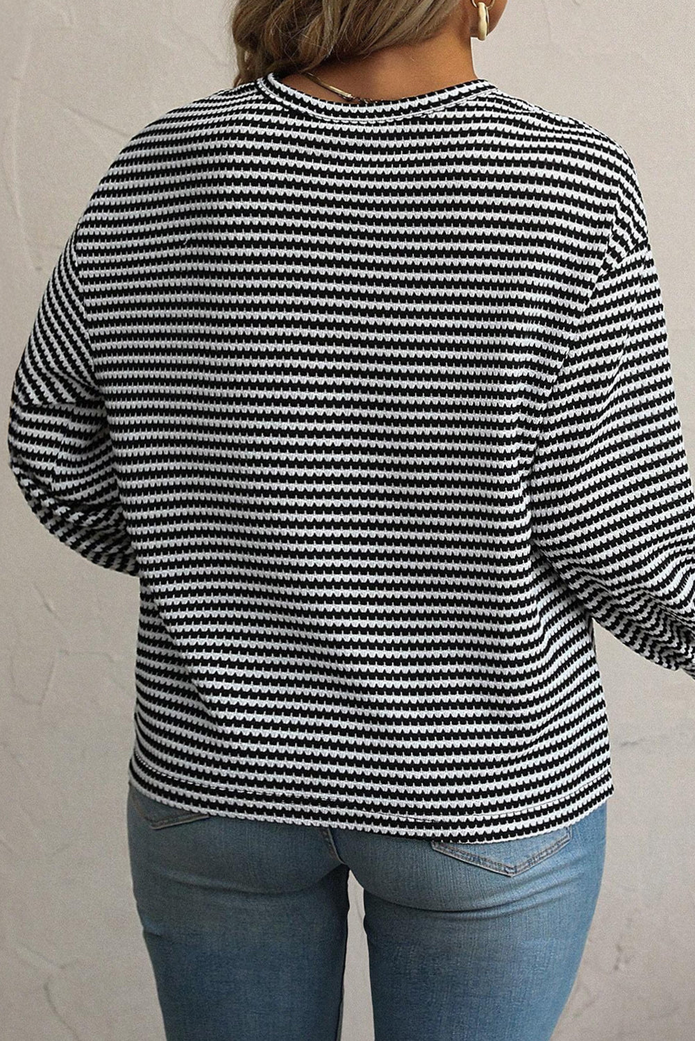 Black Stripe Round Neck Drop Shoulder Long Sleeve Top