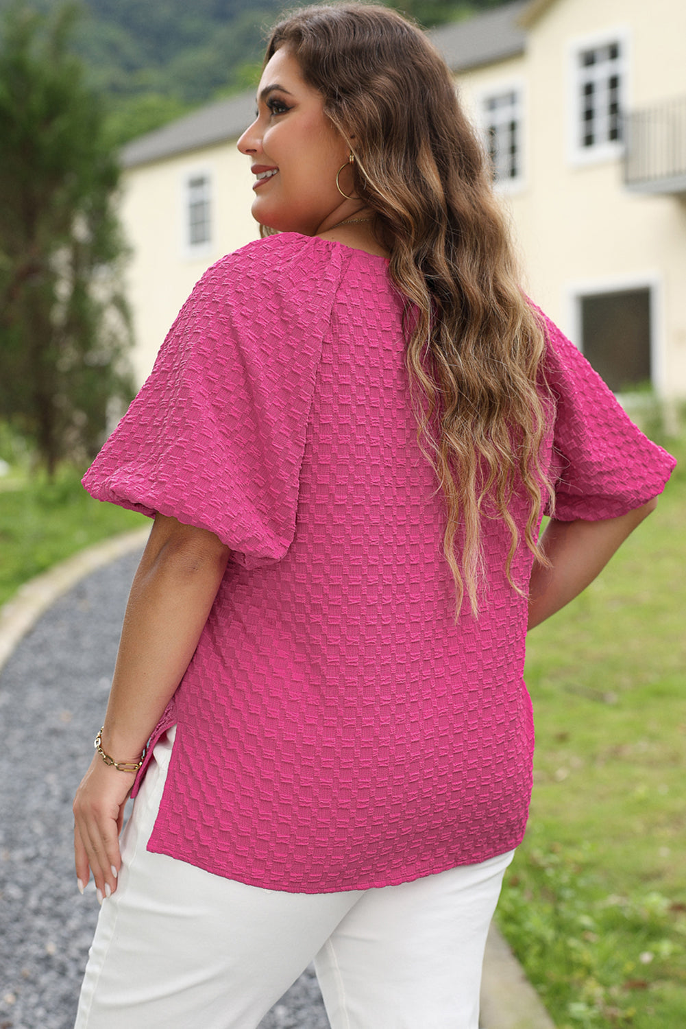 Coral Paradise Solid Textured Bubble Sleeve Plus Size Blouse