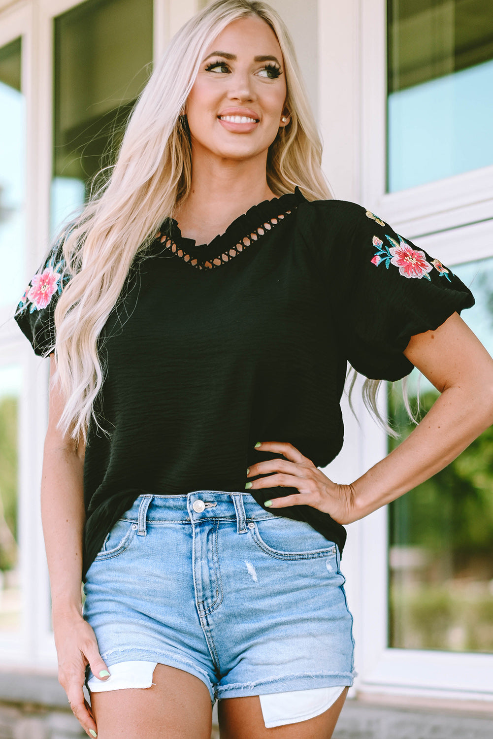 Black Floral Embroidered Bubble Sleeve Frill V Neck Top