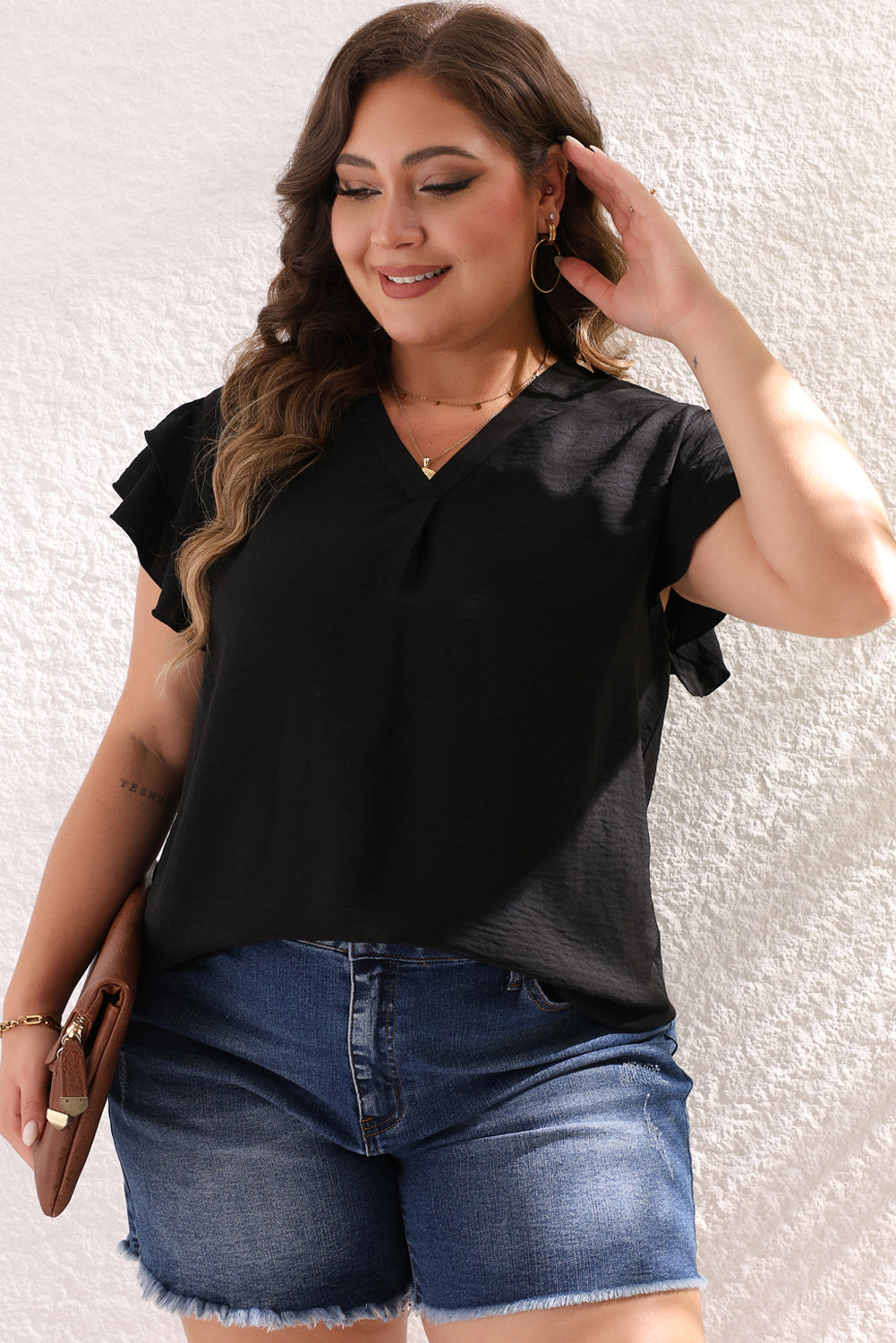 Black Ruffled Short Sleeve V Neck Plus Size Blouse