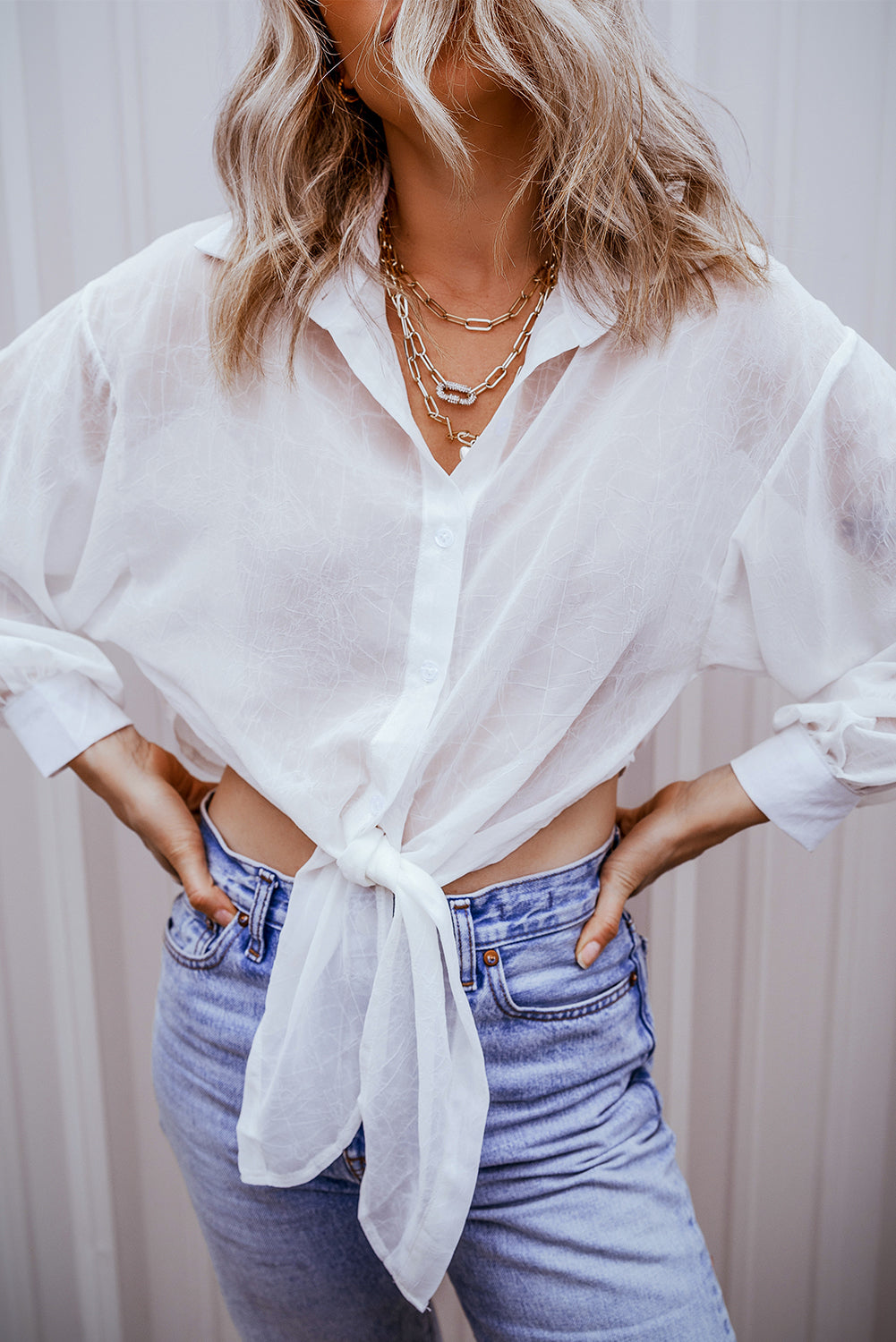 White Solid Knotted Front Loose Fit Sheer Shirt