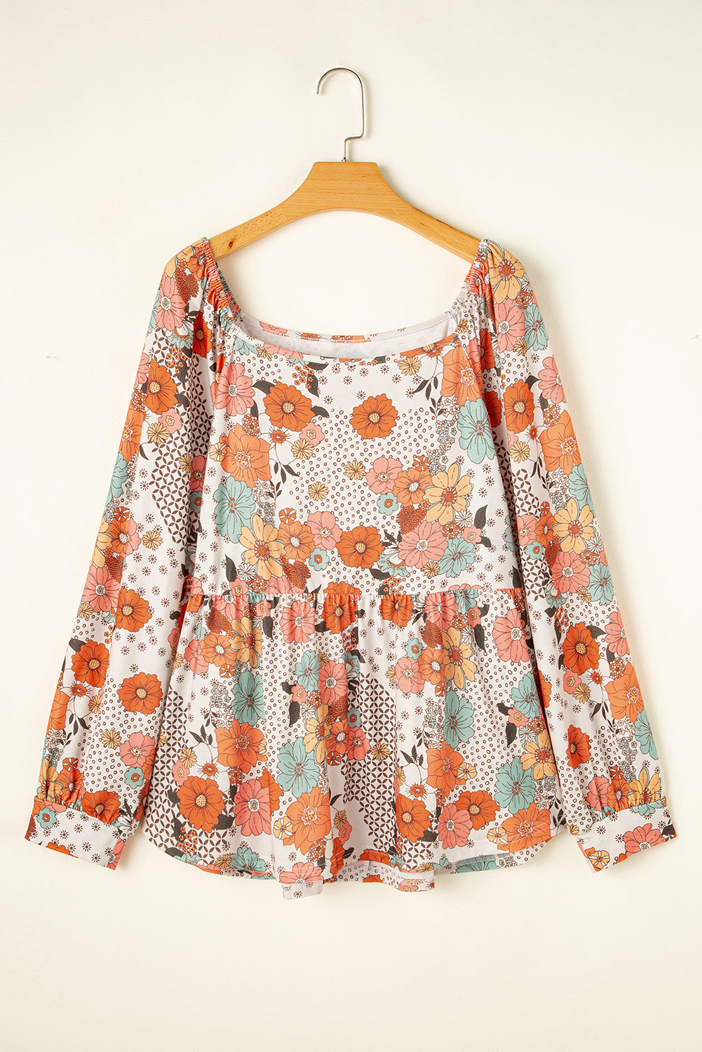 Khaki Plus Size Flower Print Square Neck Peplum Blouse