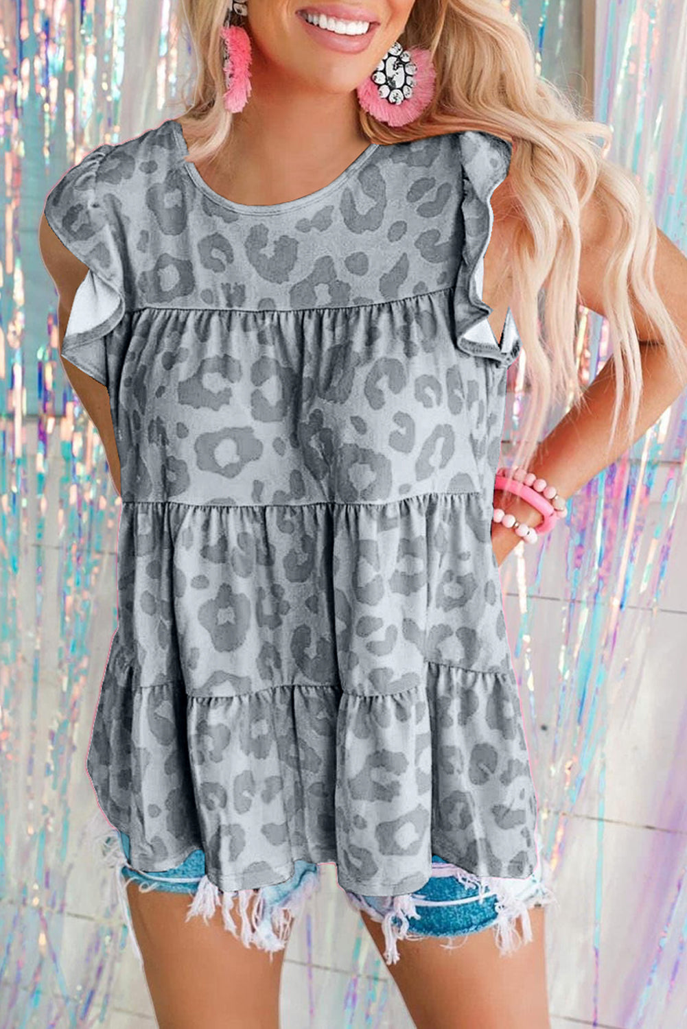 Gray Leopard Print Flutter Sleeve Tiered Tank Top