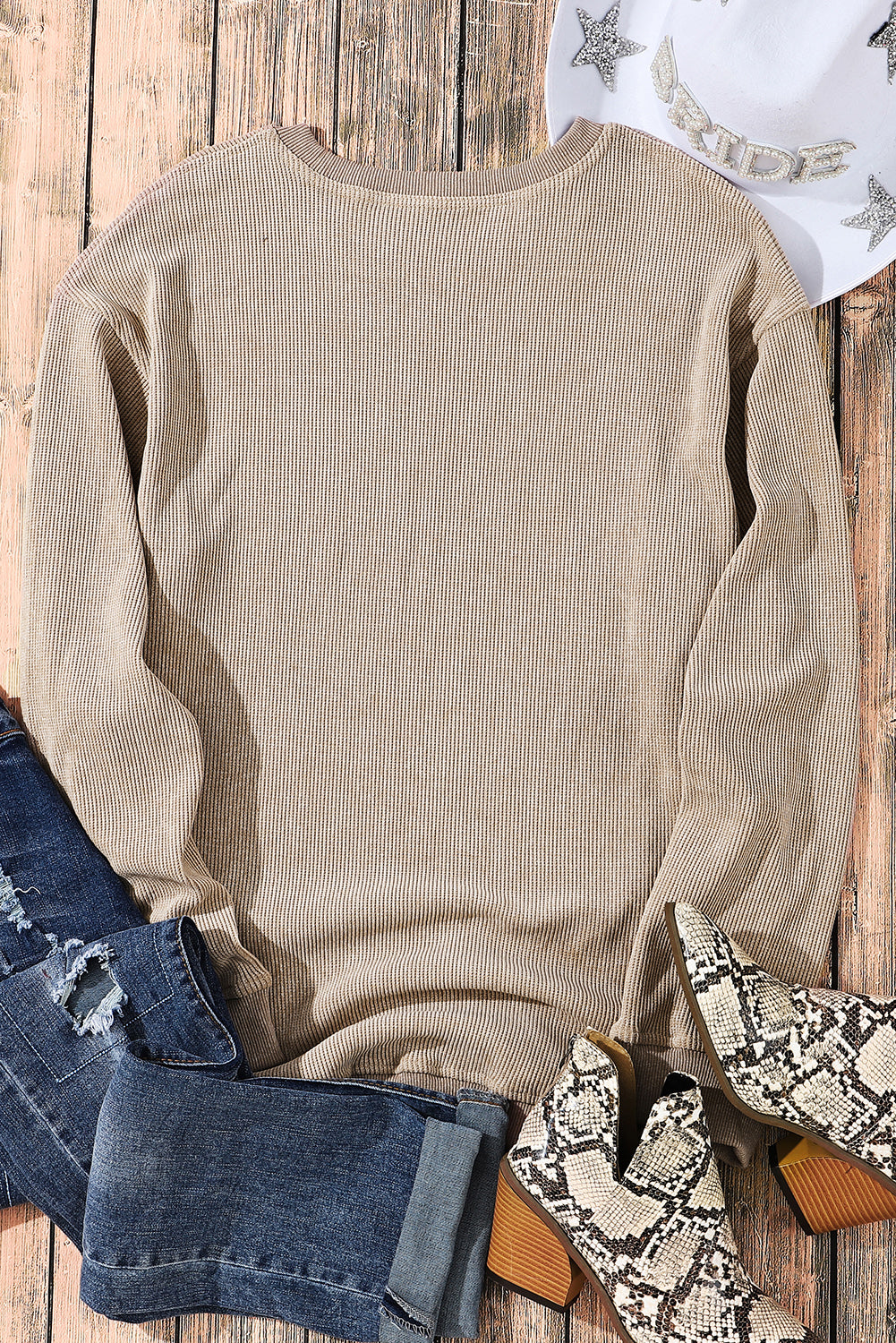 Khaki Solid Ribbed Knit Round Neck Pullover Sweatshirt