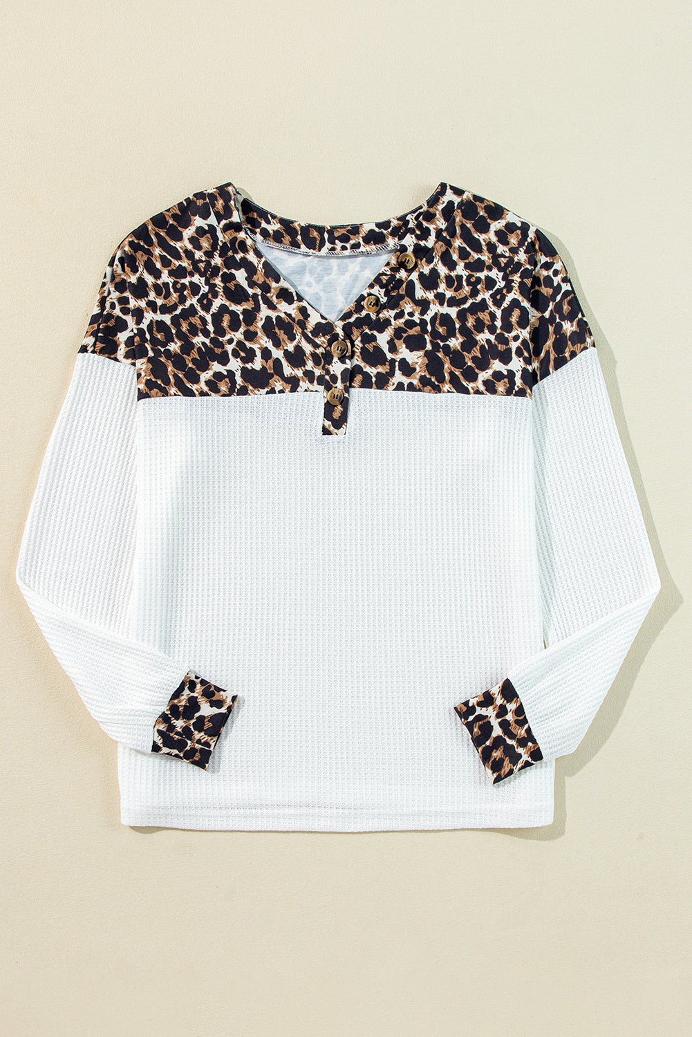 White Leopard Waffle Knit Patchwork Button V Neck Top