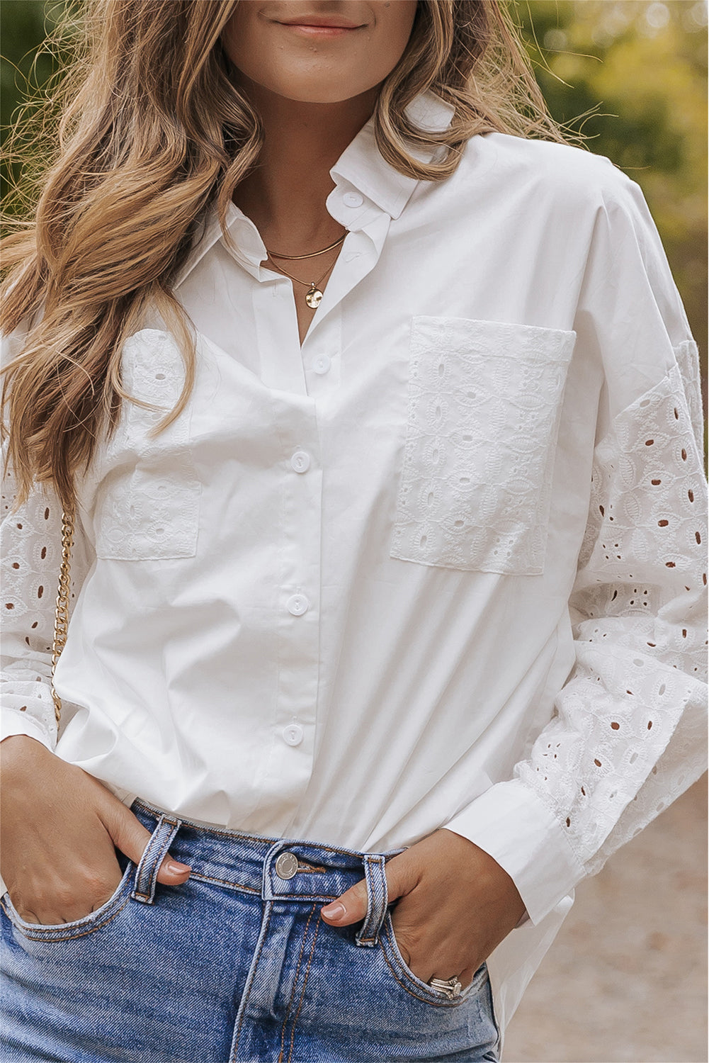 White Lace Patch Chest Pocket Button-Up Shirt