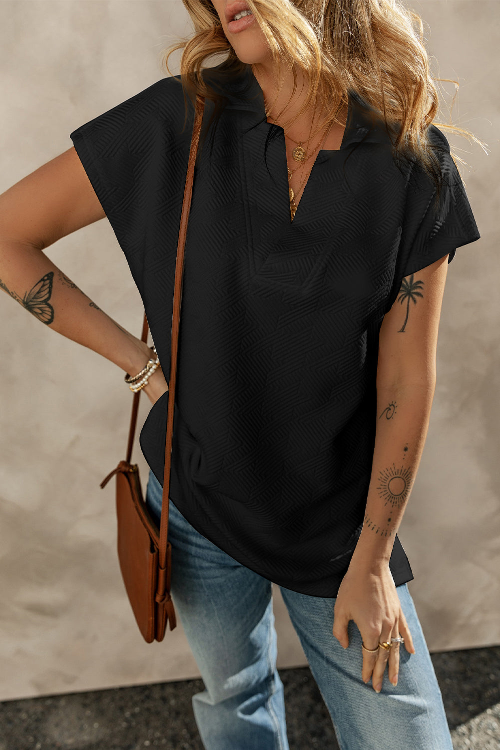 Black Textured V Neck Collared Short Sleeve Top