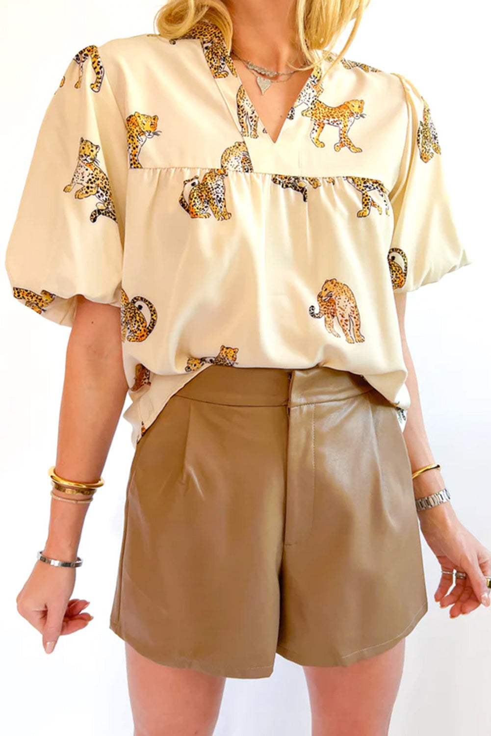 Apricot Cheetah Printed Split Neck Puff Sleeve Blouse