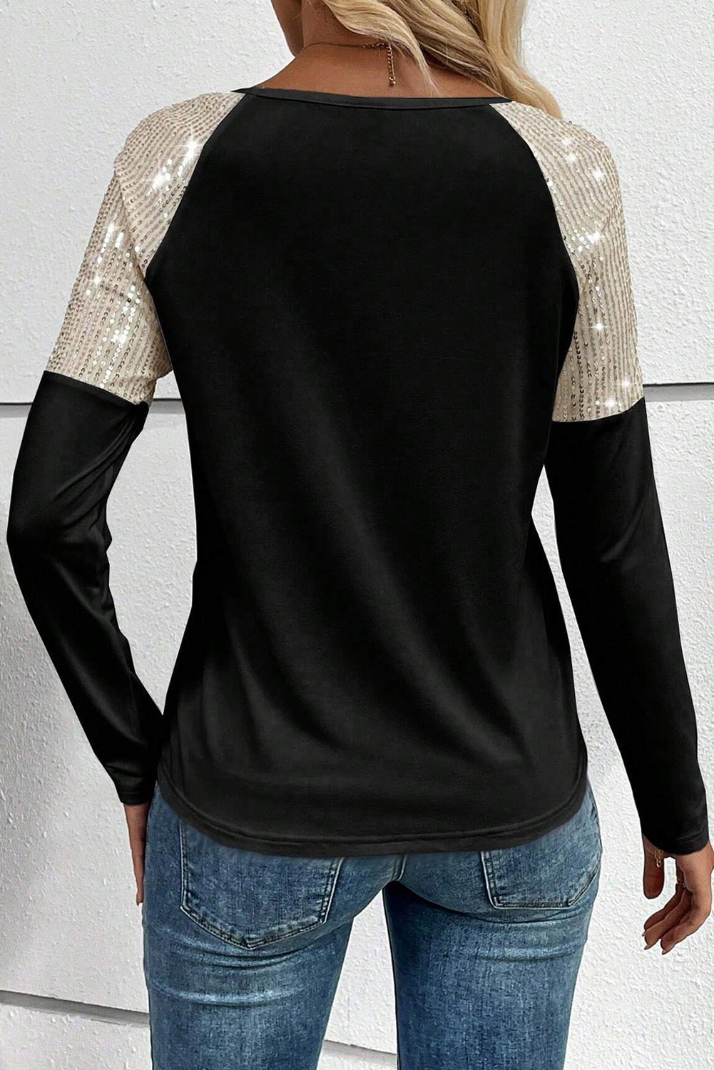 Black Sequin Patch Chest Pocket Raglan Sleeve Top