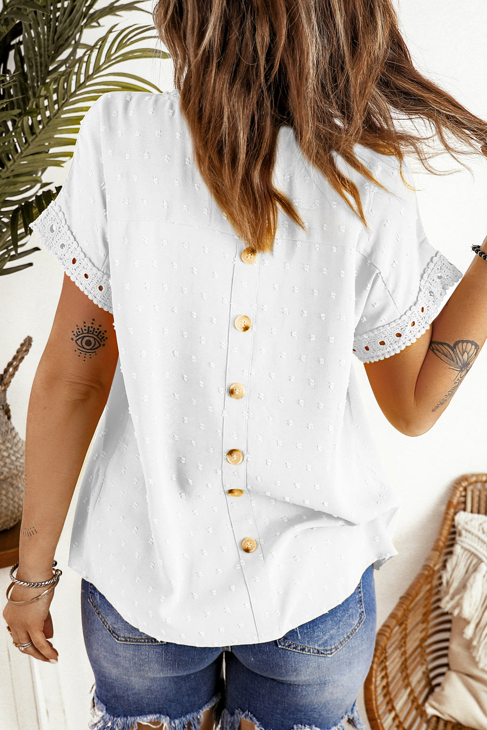 White Swiss Dot Lace Splicing Short Sleeve Top