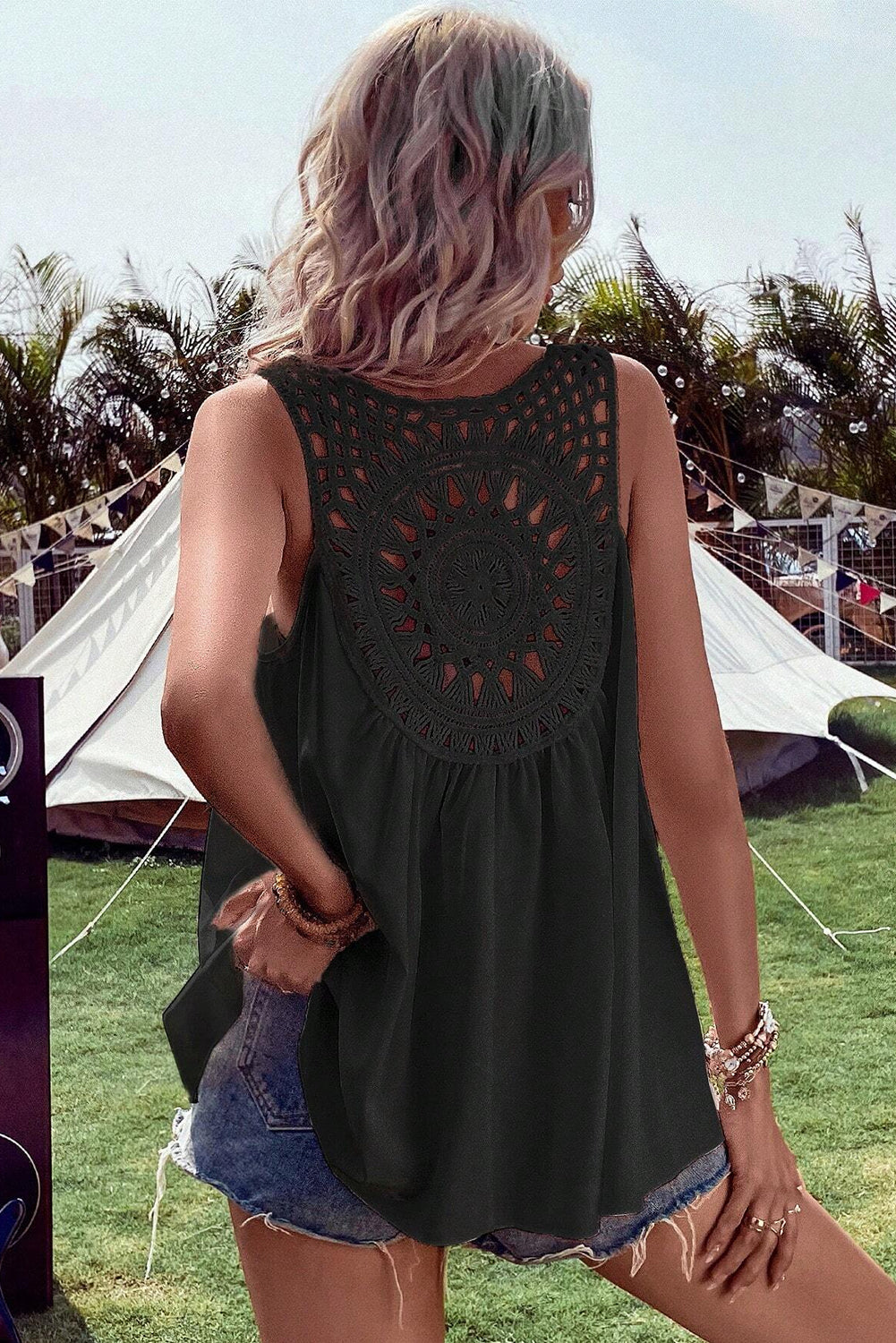 Black Bohemian Crochet Patchwork Sleeveless Tunic