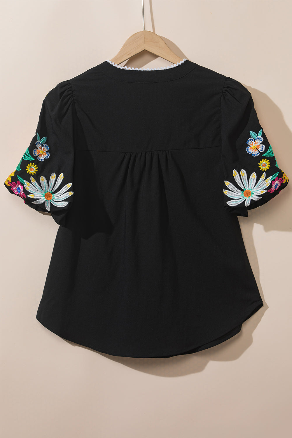 Black Floral Embroidered Puff Sleeve Split Neck Blouse