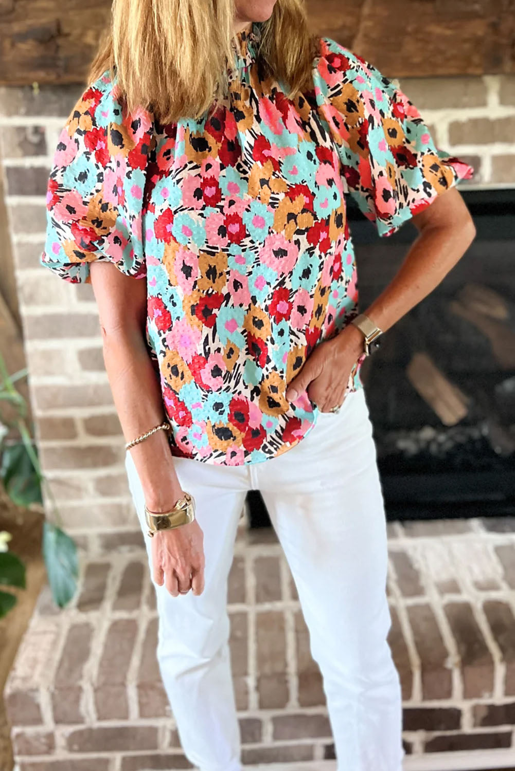 White Frilled High Neck Buttons Back Floral Blouse