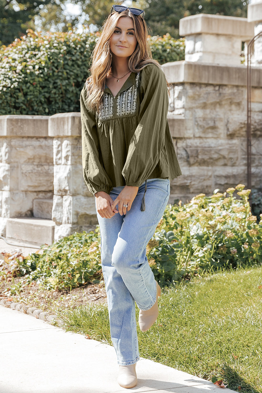 Green Embroidered Split Neck Pleated Loose Blouse