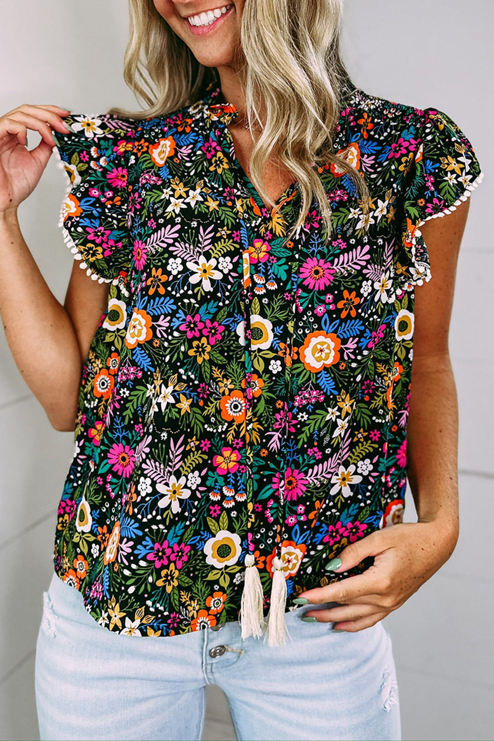 Black Lace Trim Flutter Sleeve Tropical Floral Blouse