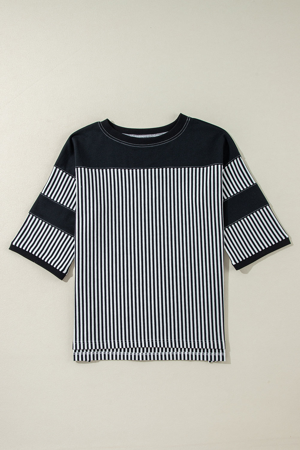 Black white Striped Patchwork 3/4 Sleeve Casual Top